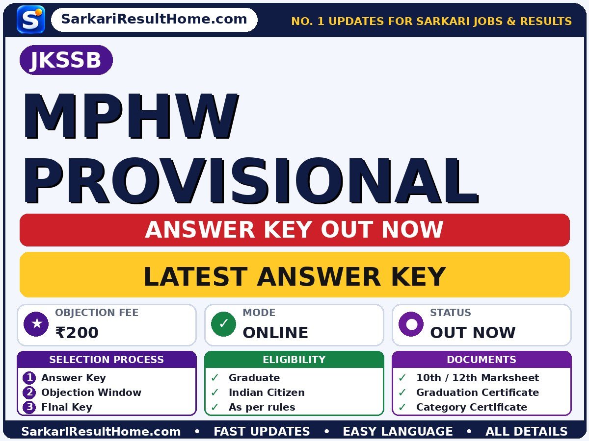 JKSSB MPHW Provisional Answer Key 2026 Released - Jammu and Kashmir Services Selection Board answer key summary (Exam Date: 11 Oct 2026; Objection Fee: ₹200)