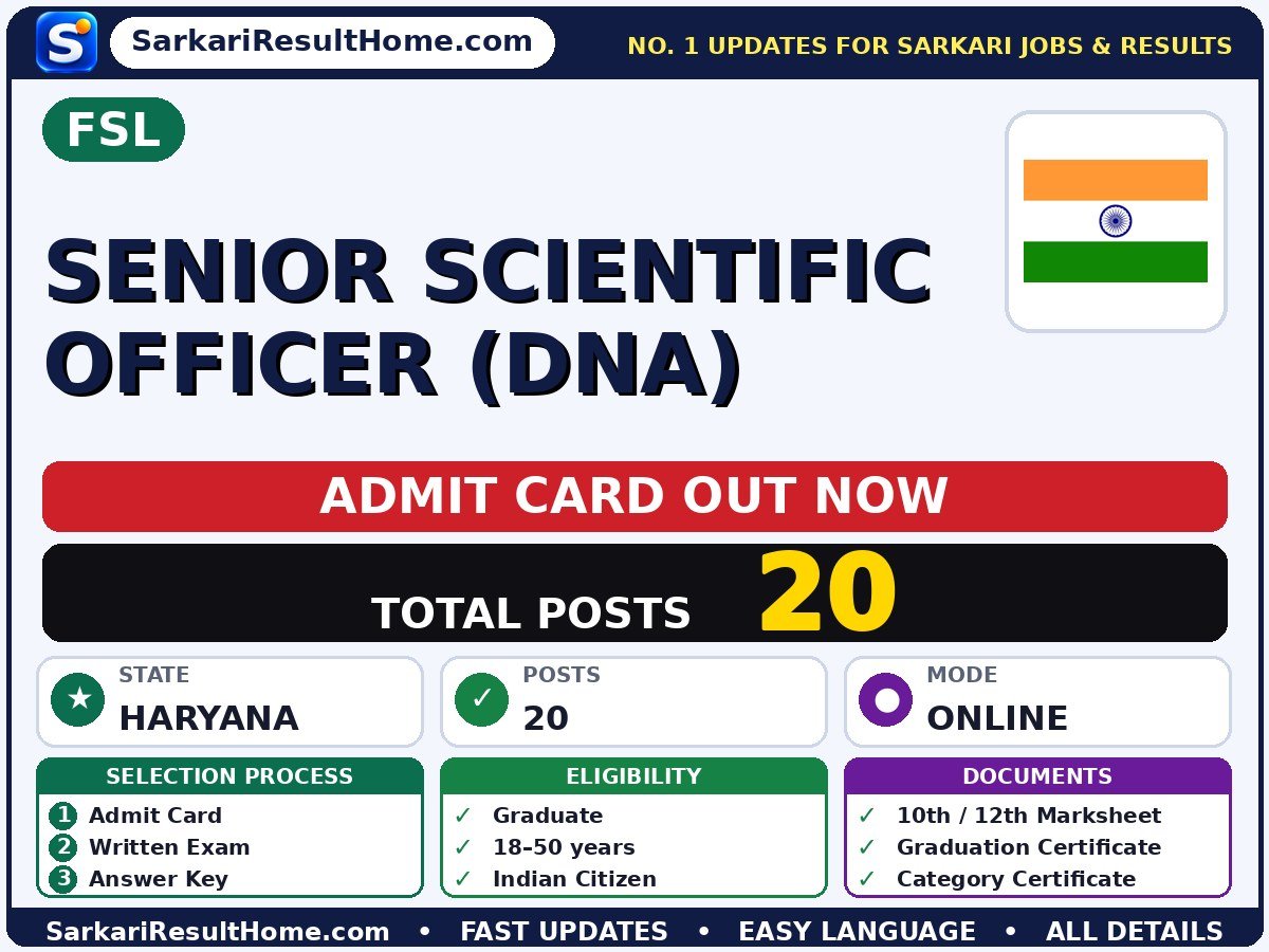 FSL Senior Scientific Officer (DNA) Admit Card 2026 – Download Link - FSL admit card summary
