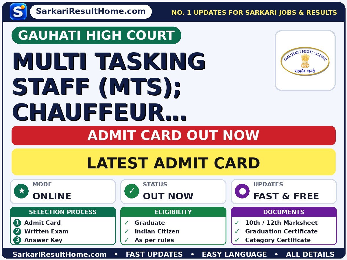 Gauhati High Court Multi Tasking Staff (MTS); Chauffeur (Driver) Exam Admit Card 2026 - Gauhati High Court admit card summary (Admit Card: 03 Oct 2026)
