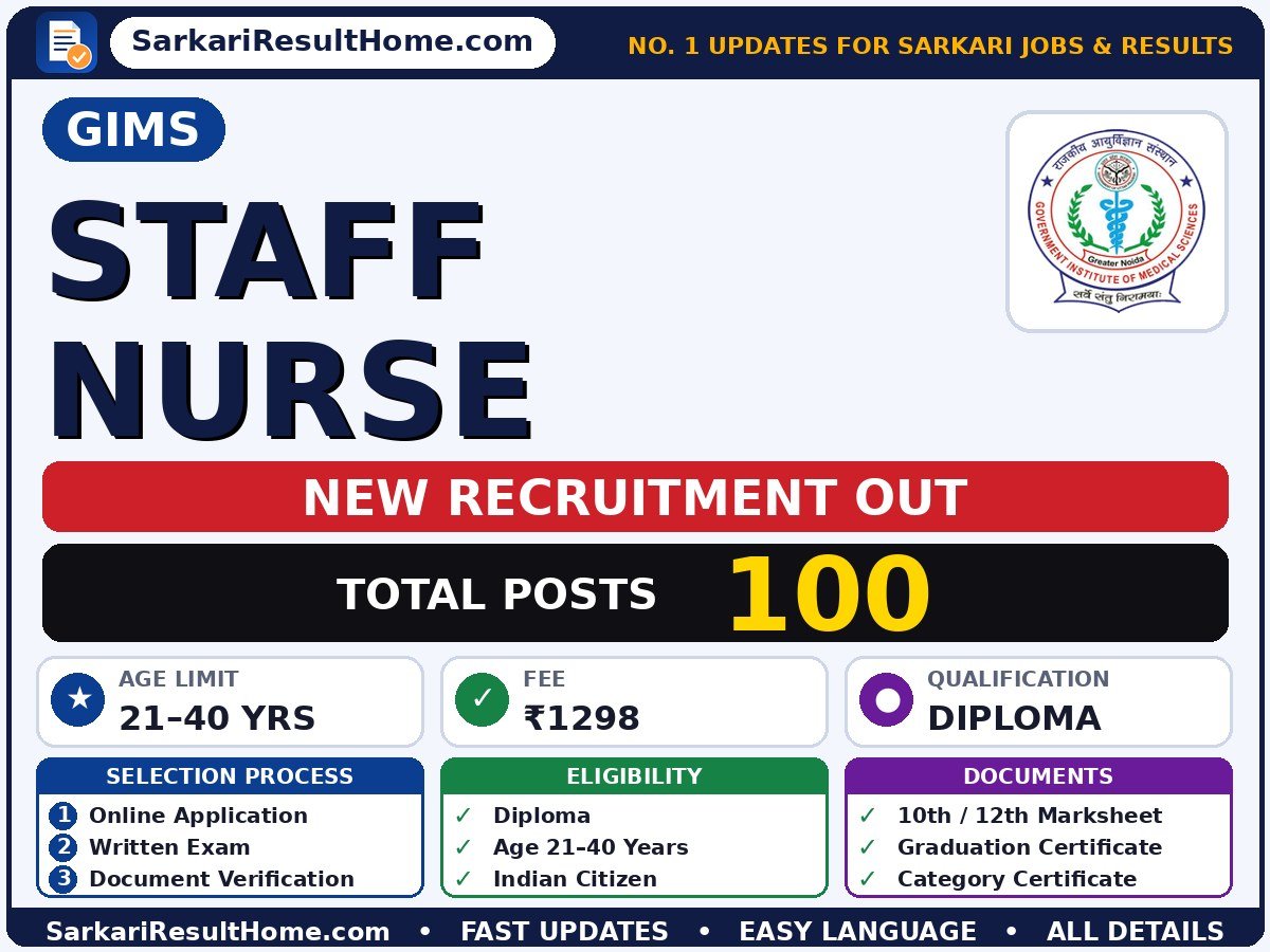 GIMS Recruitment 2026 for 100 Staff Nurse Posts – Download Now - GIMS sarkari naukri summary (Total Posts: 100; Last Date: 07 Oct 2026; Qualification: Diploma)