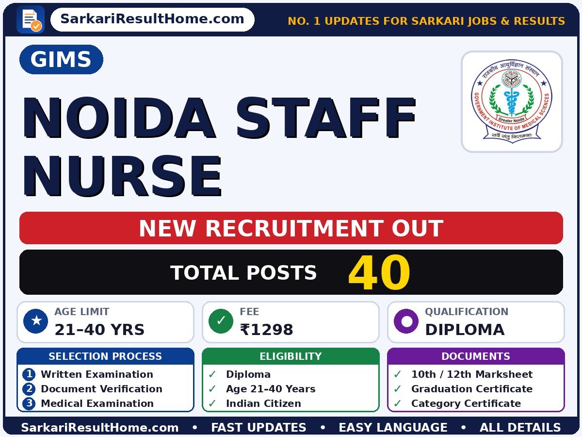 GIMS Sarkari Naukri 2026 for 40 Noida Staff Nurse Posts – Check Out - GIMS sarkari naukri summary (Total Posts: 40; Last Date: 30 Oct 2026; Qualification: Diploma)