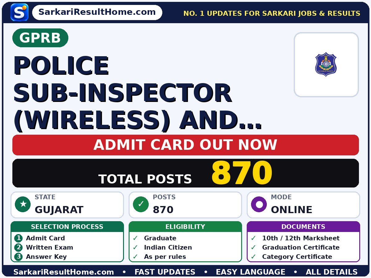 GPRB Police Sub-Inspector (Wireless) and Technical Operator Admit Card 2026 – Download Link - Gujarat Police Recruitment Board admit card summary (Exam Date: 23 Aug 2026)