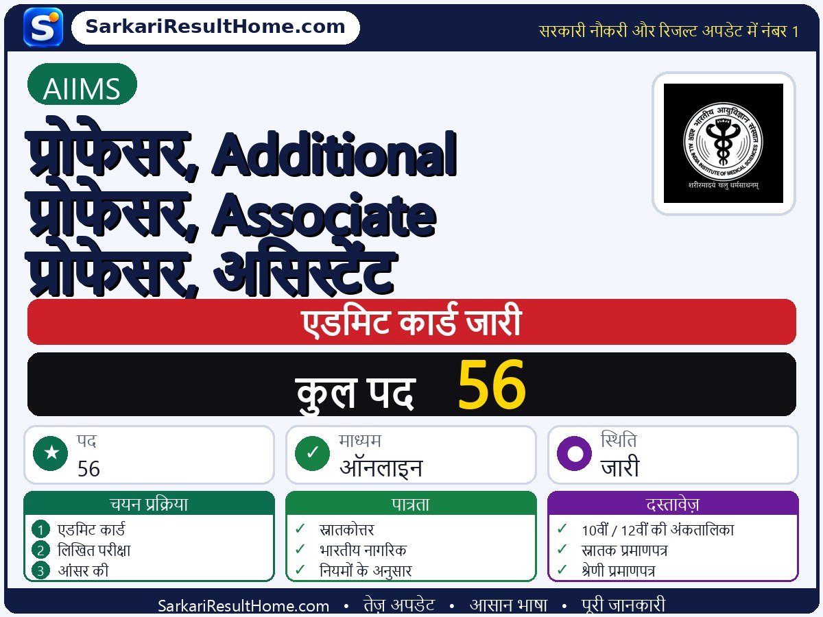 AIIMS एडमिट कार्ड 2026: Professor, Additional Associate Assistant परीक्षा का एडमिट कार्ड डाउनलोड करें - मुख्य जानकारी एक नज़र में