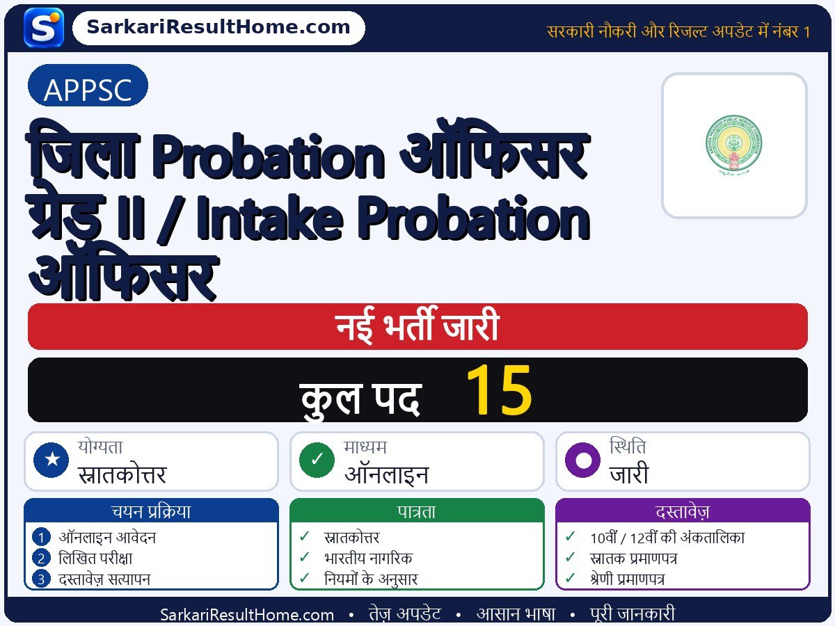 APPSC भर्ती 2026: District Probation Officer Grade-II / Intake के 15 पदों के लिए आवेदन करें - मुख्य जानकारी एक नज़र में