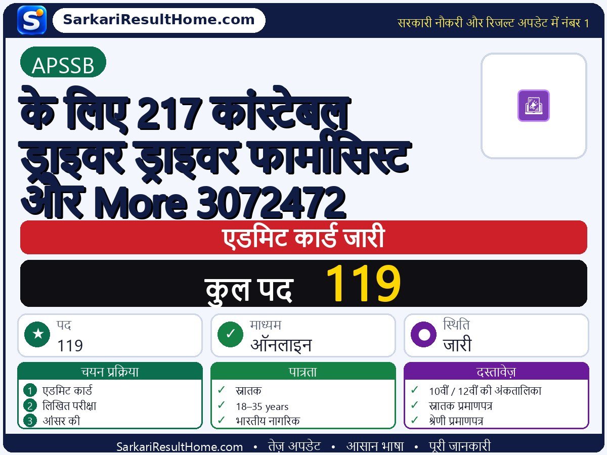 APSSB एडमिट कार्ड 2026: For 217 Constable Driver Pharmacist And More 3072472 परीक्षा का एडमिट कार्ड डाउनलोड करें - मुख्य जानकारी एक नज़र में