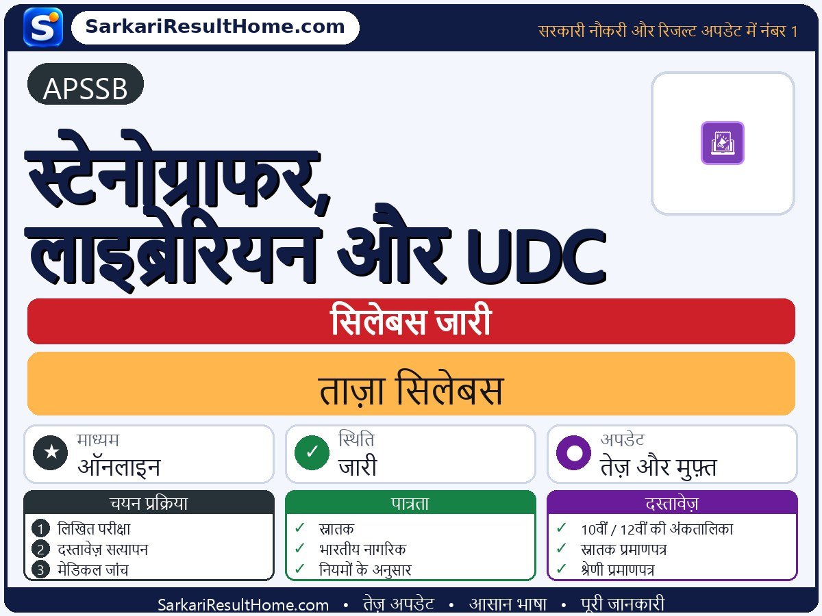 APSSB सिलेबस 2026: Stenographer, Librarian and UDC का सिलेबस और परीक्षा पैटर्न - मुख्य जानकारी एक नज़र में