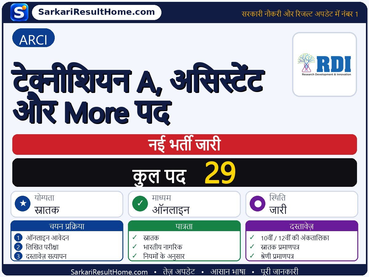 ARCI भर्ती 2026: Technician A, Assistant and More Posts के 29 पदों के लिए आवेदन करें - मुख्य जानकारी एक नज़र में