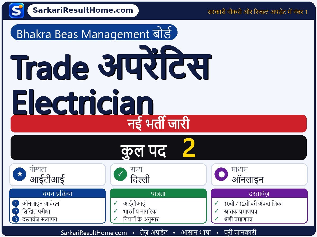 Bhakra Beas Management Board भर्ती 2026: Trade Apprentice Electrician के 2 पदों के लिए आवेदन करें - मुख्य जानकारी एक नज़र में