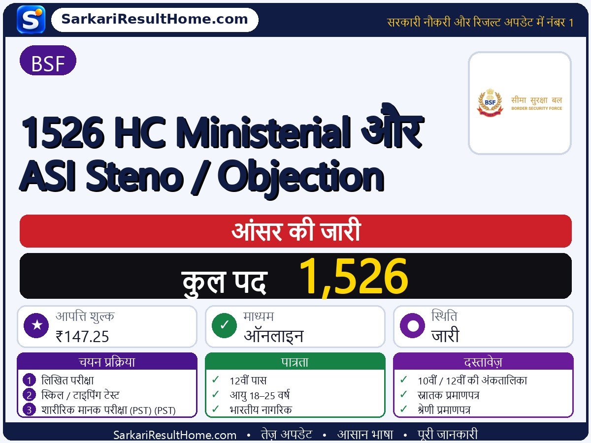 BSF आंसर की 2026: 1526 HC Ministerial and ASI Steno / Objection की आंसर की जारी - मुख्य जानकारी एक नज़र में