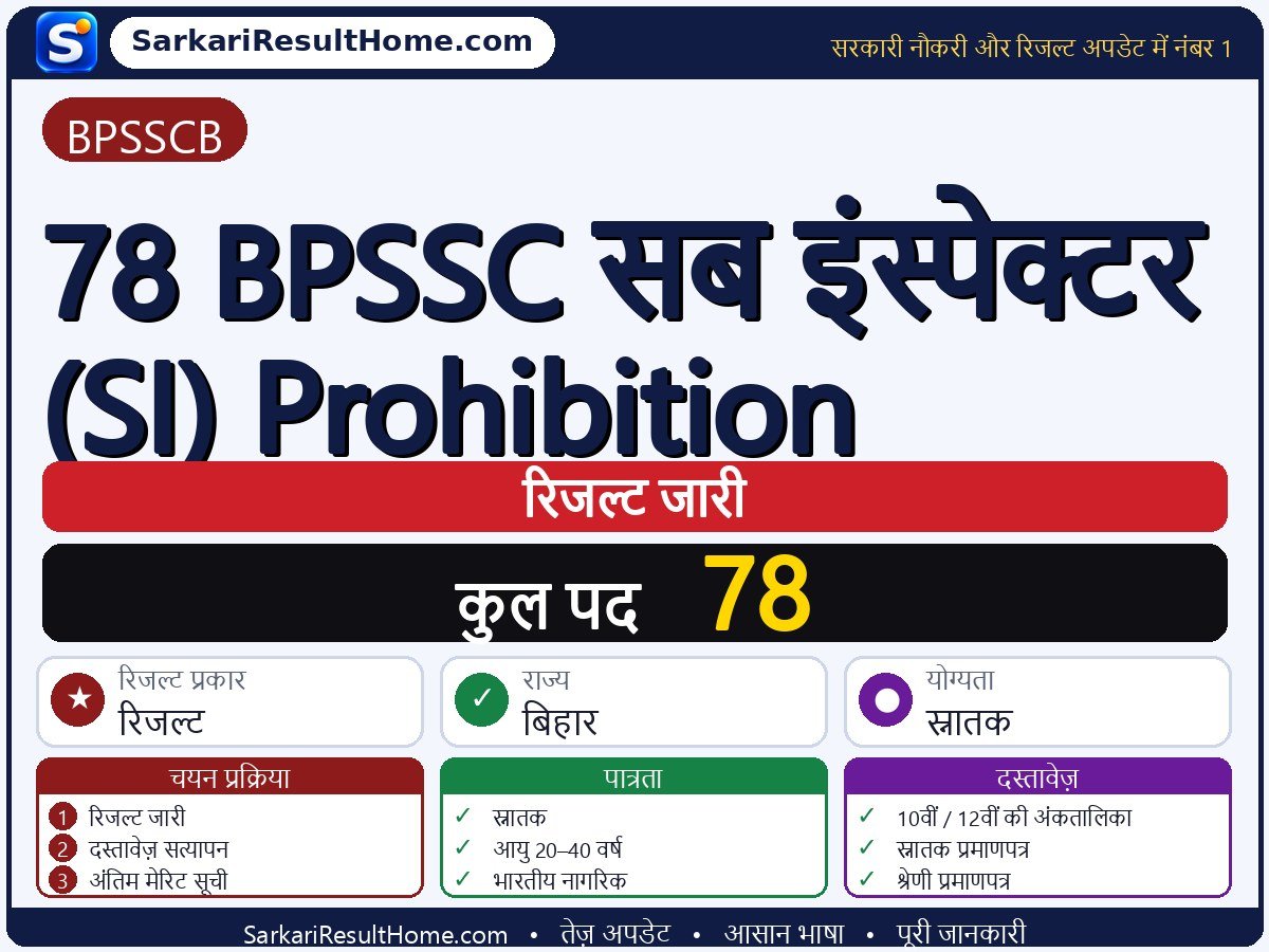 BPSSCB रिजल्ट 2026: 78 BPSSC Sub Inspector (SI) Prohibition का रिजल्ट जारी - मुख्य जानकारी एक नज़र में