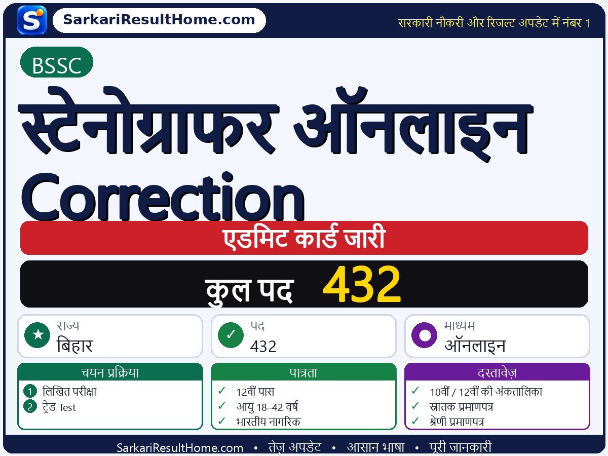 BSSC एडमिट कार्ड 2026: Stenographer Online Correction परीक्षा का एडमिट कार्ड डाउनलोड करें - मुख्य जानकारी एक नज़र में