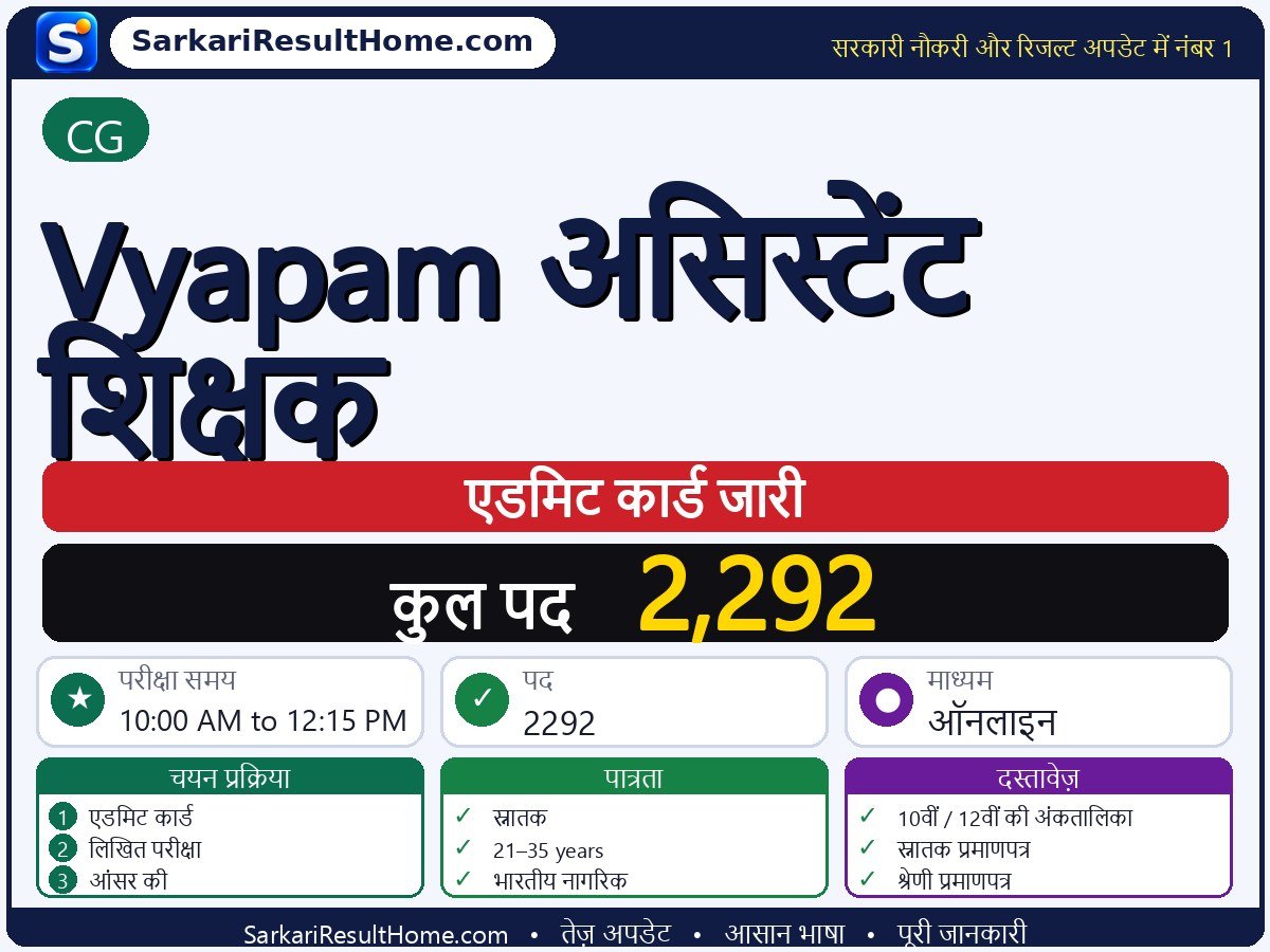 CG एडमिट कार्ड 2026: Vyapam Assistant Teacher परीक्षा का एडमिट कार्ड डाउनलोड करें - मुख्य जानकारी एक नज़र में