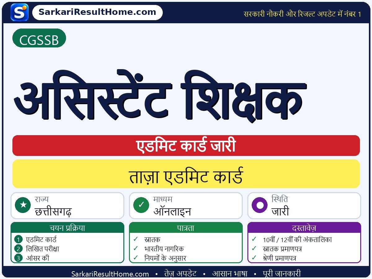 CGSSB एडमिट कार्ड 2026: Assistant Teacher परीक्षा का एडमिट कार्ड डाउनलोड करें - मुख्य जानकारी एक नज़र में