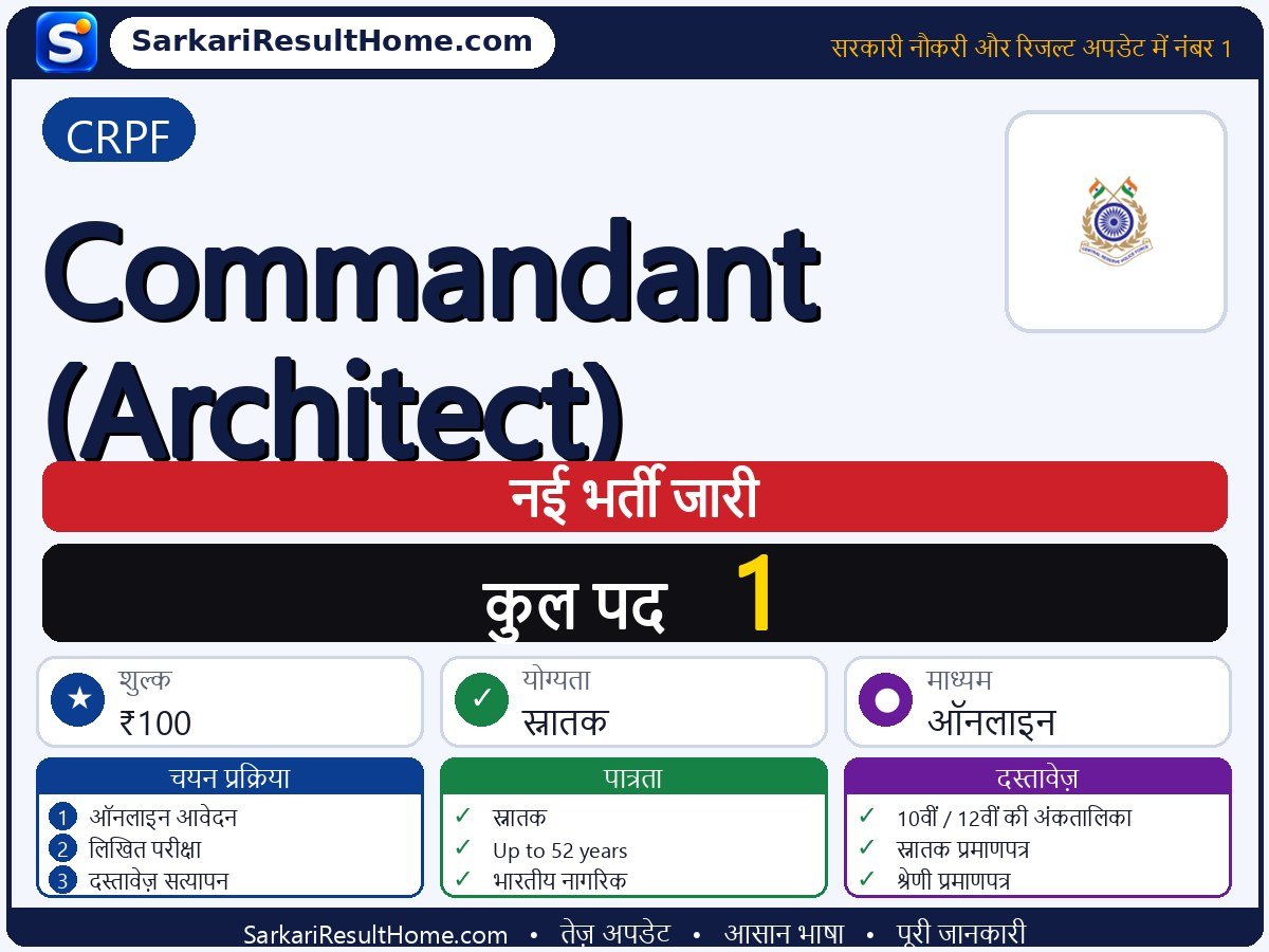CRPF भर्ती 2026: Commandant (Architect) के 1 पद के लिए आवेदन करें - मुख्य जानकारी एक नज़र में