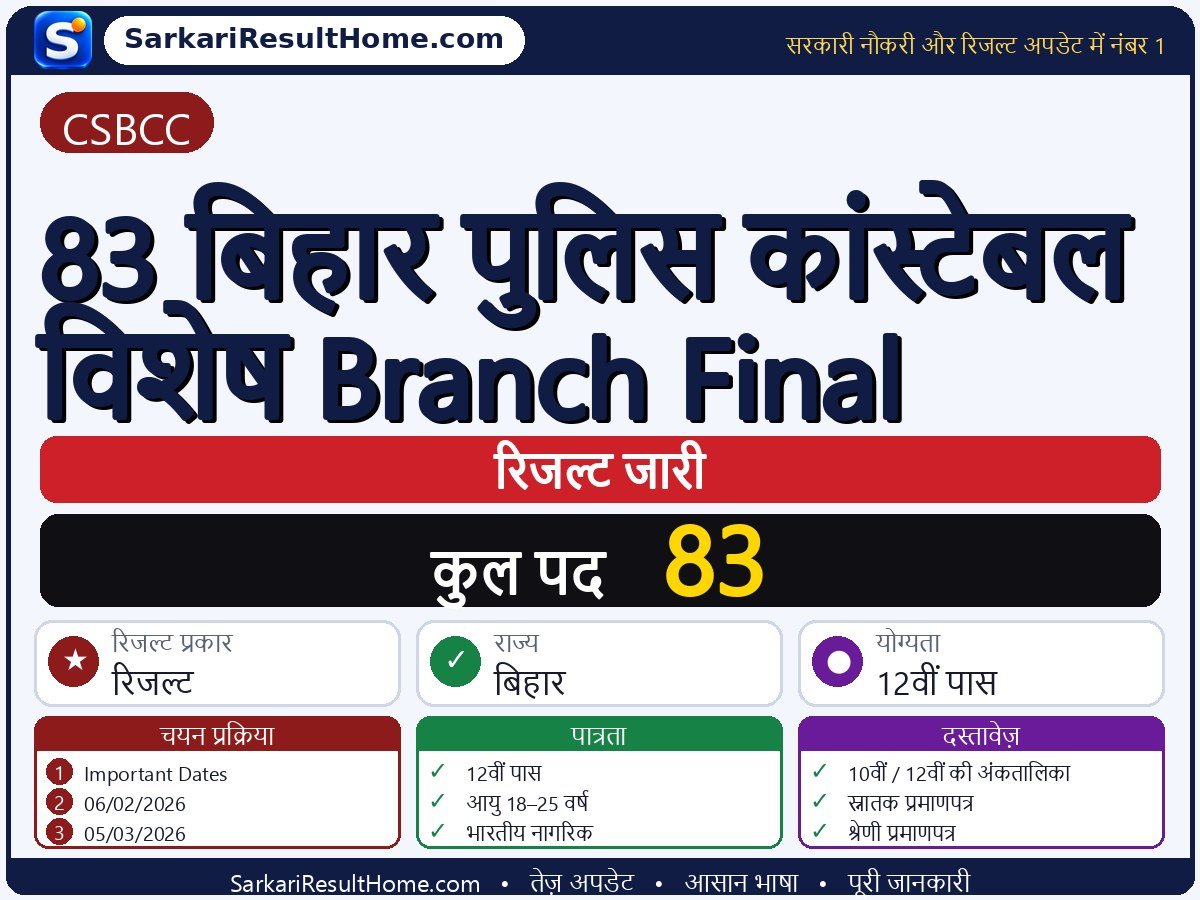 CSBCC रिजल्ट 2026: 83 Bihar Police Constable Special Branch Final का रिजल्ट जारी - मुख्य जानकारी एक नज़र में