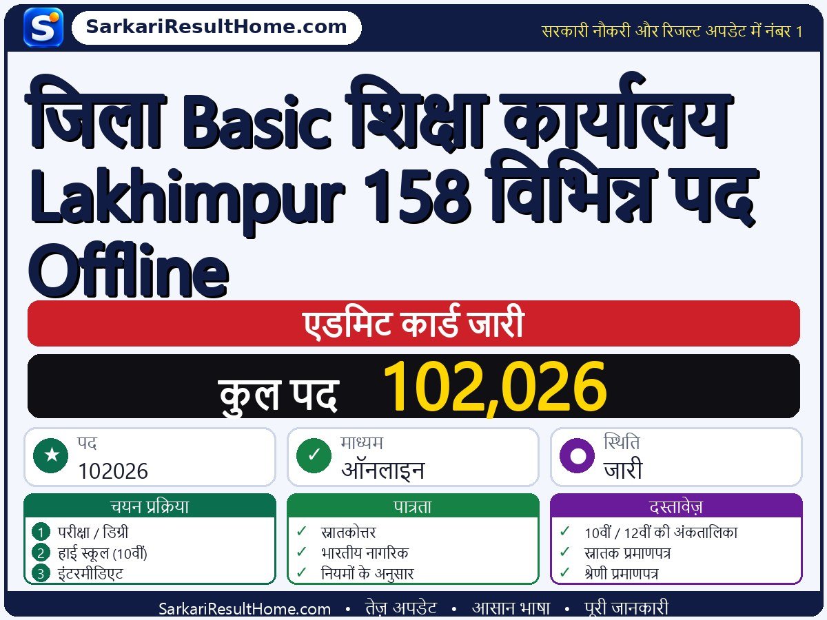 सरकारी विभाग एडमिट कार्ड 2026: District Basic Education Office Lakhimpur 158 Various Posts Offline परीक्षा का एडमिट कार्ड डाउनलोड करें - मुख्य जानकारी एक नज़र में