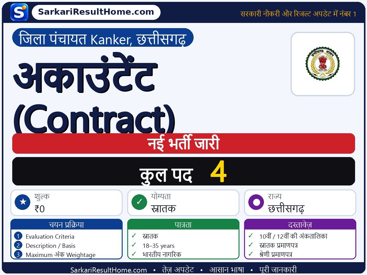 District Panchayat Kanker, Chhattisgarh भर्ती 2026: Accountant (Contract) के 4 पदों के लिए आवेदन करें - मुख्य जानकारी एक नज़र में