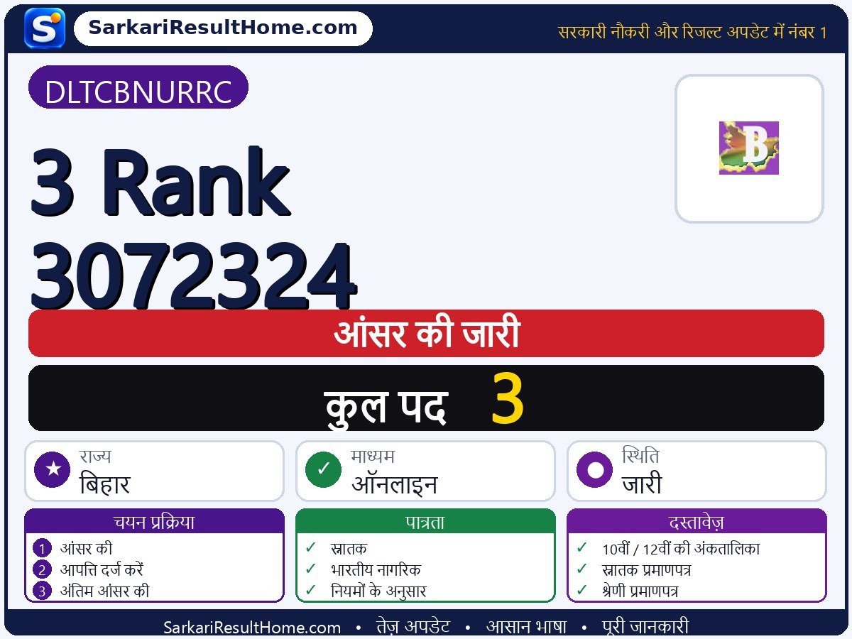 DLTCBNURRC आंसर की 2026: 3 Rank 3072324 की आंसर की जारी - मुख्य जानकारी एक नज़र में