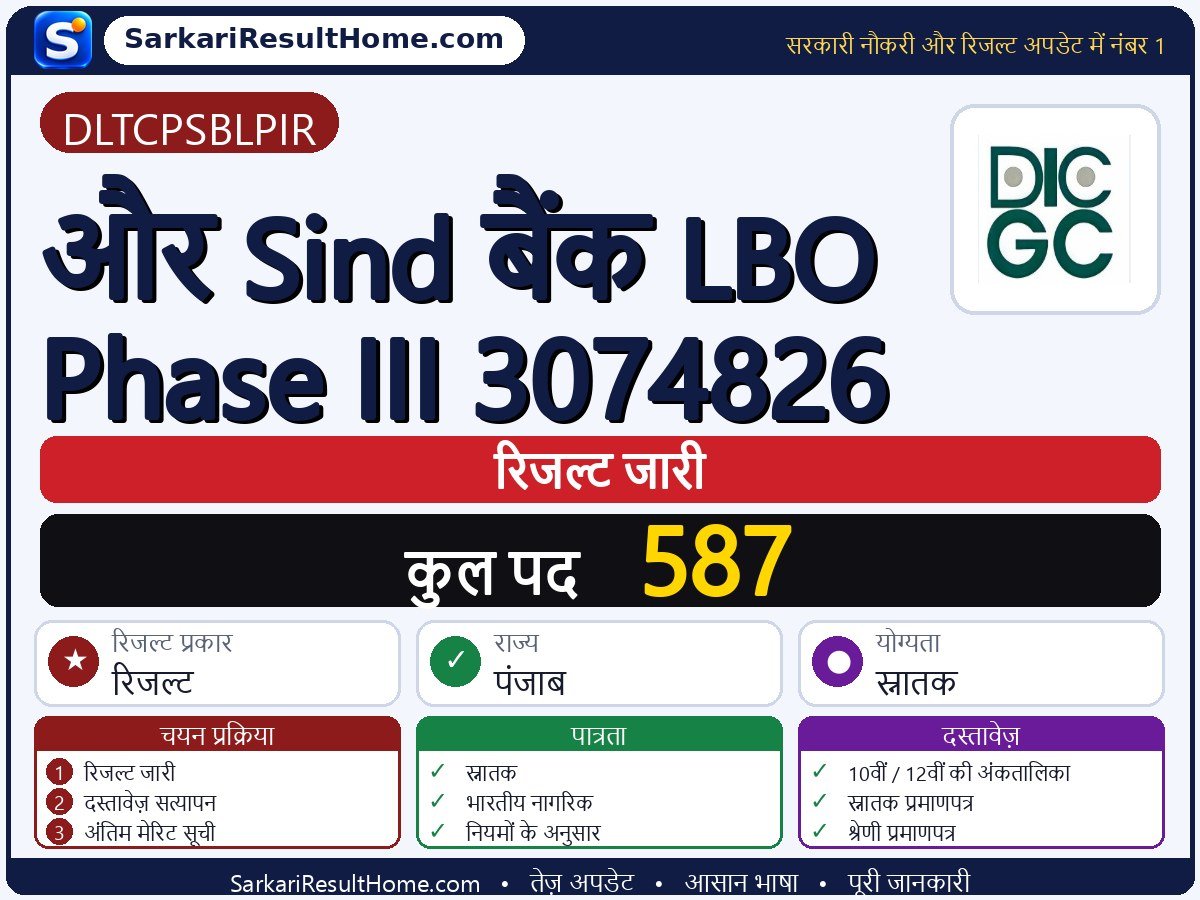 DLTCPSBLPIR रिजल्ट 2026: And Sind Bank LBO Phase III 3074826 का रिजल्ट जारी - मुख्य जानकारी एक नज़र में