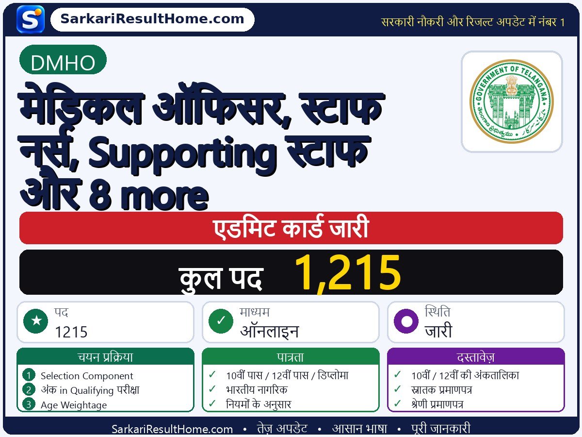 DMHO एडमिट कार्ड 2026: Medical Officer, Staff Nurse, Supporting and 8 more परीक्षा का एडमिट कार्ड डाउनलोड करें - मुख्य जानकारी एक नज़र में