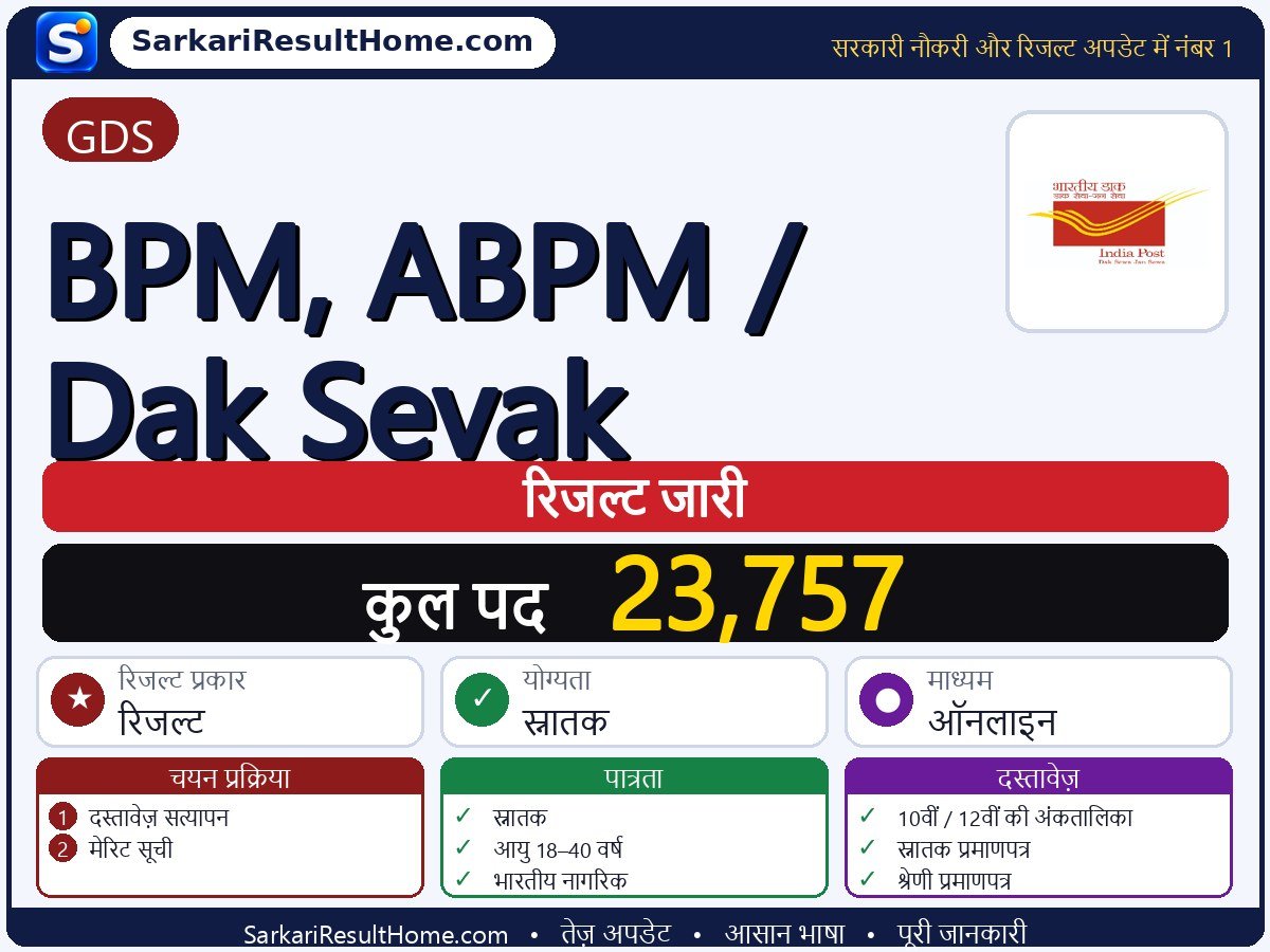 GDS रिजल्ट 2026: BPM, ABPM / Dak Sevak का रिजल्ट जारी - मुख्य जानकारी एक नज़र में