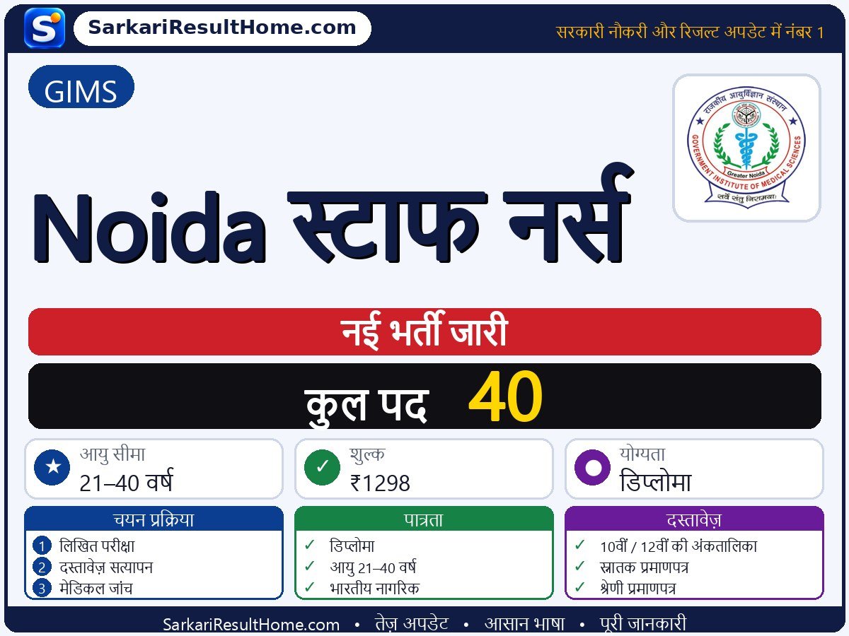 GIMS भर्ती 2026: Noida Staff Nurse के 40 पदों के लिए आवेदन करें - मुख्य जानकारी एक नज़र में