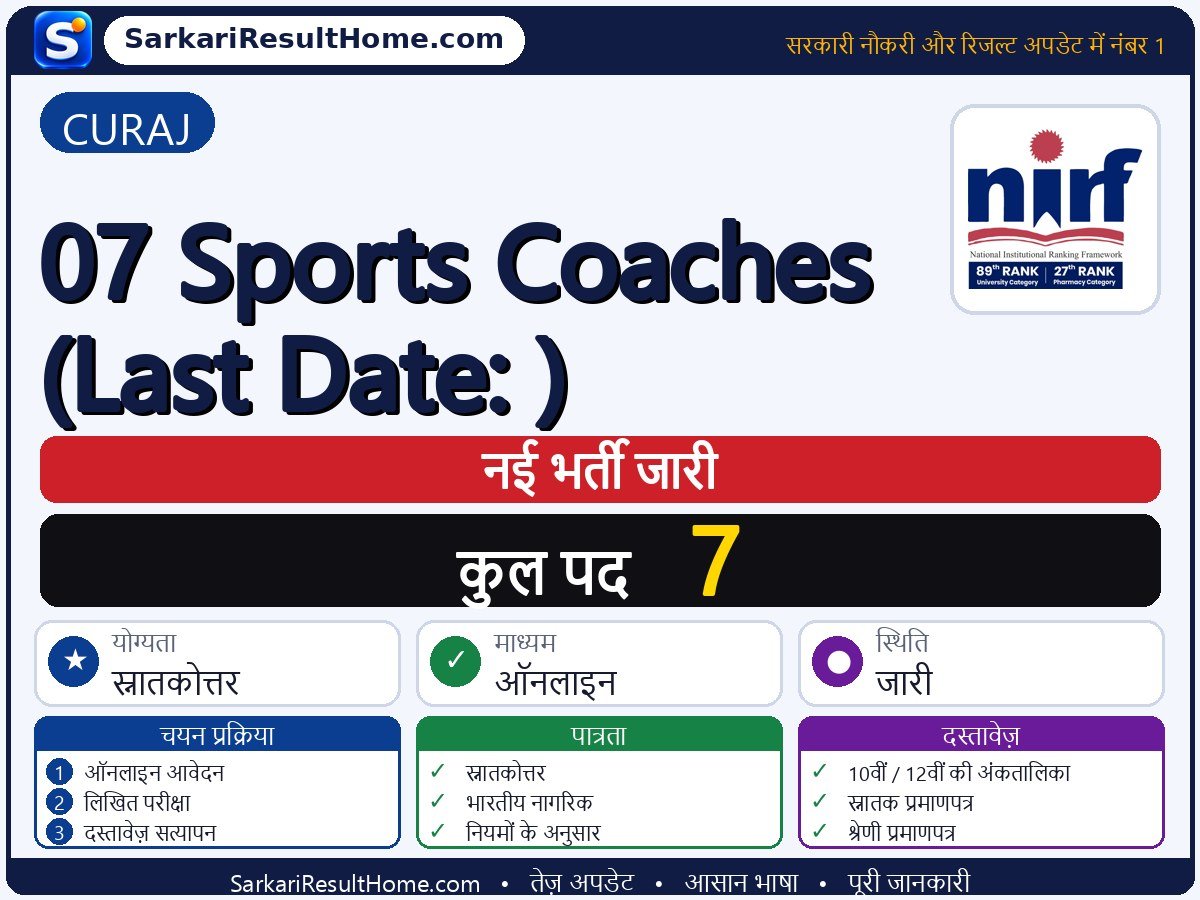 CURAJ भर्ती 2026: 07 Sports Coaches (Last Date: ) के 7 पदों के लिए आवेदन करें - मुख्य जानकारी एक नज़र में