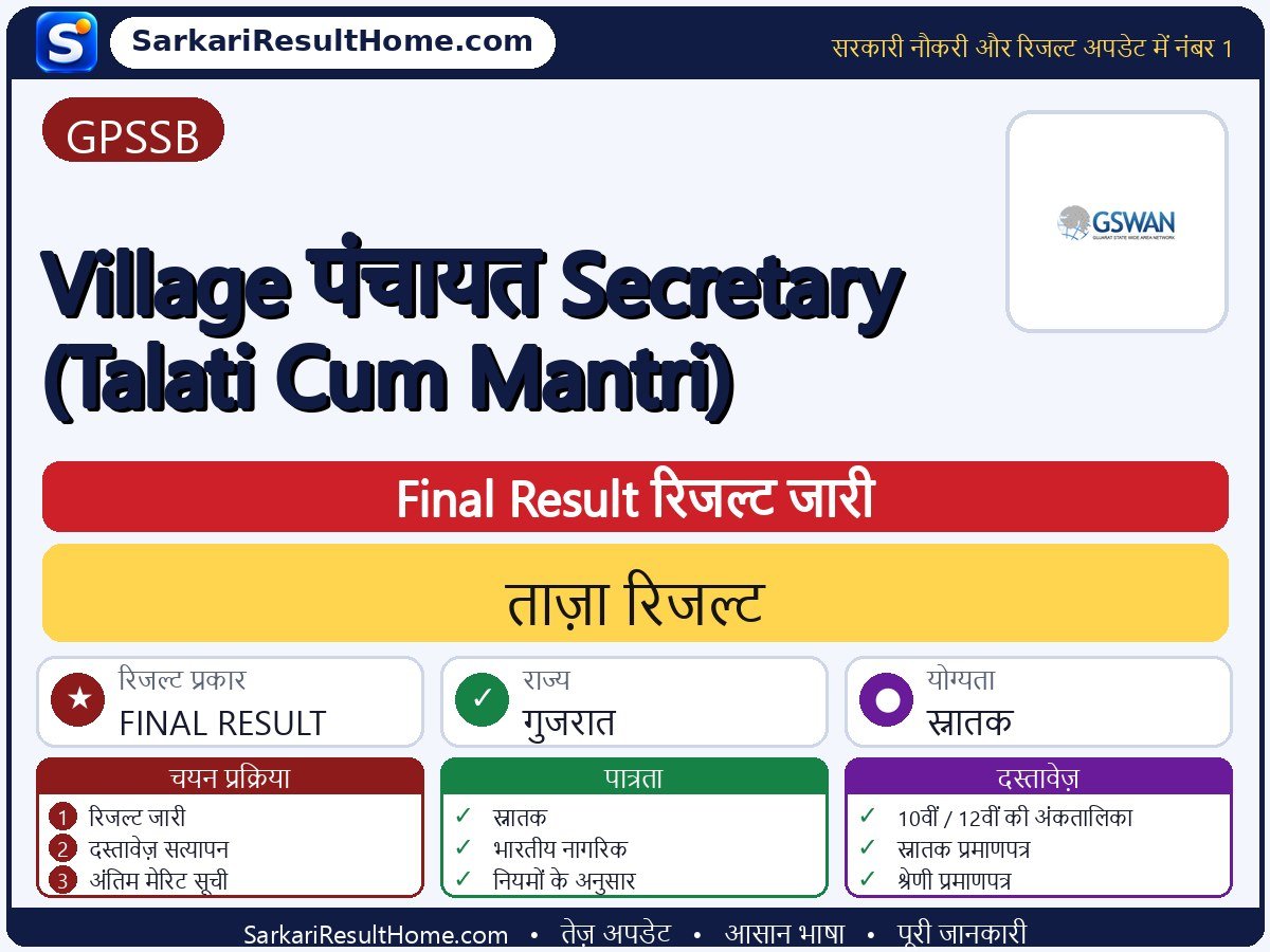 GPSSB रिजल्ट 2026: Village Panchayat Secretary (Talati Cum Mantri) का रिजल्ट जारी - मुख्य जानकारी एक नज़र में