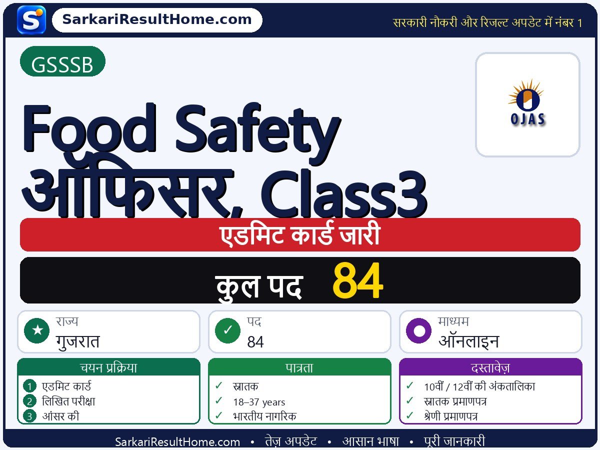GSSSB एडमिट कार्ड 2026: Food Safety Officer, Class-3 परीक्षा का एडमिट कार्ड डाउनलोड करें - मुख्य जानकारी एक नज़र में