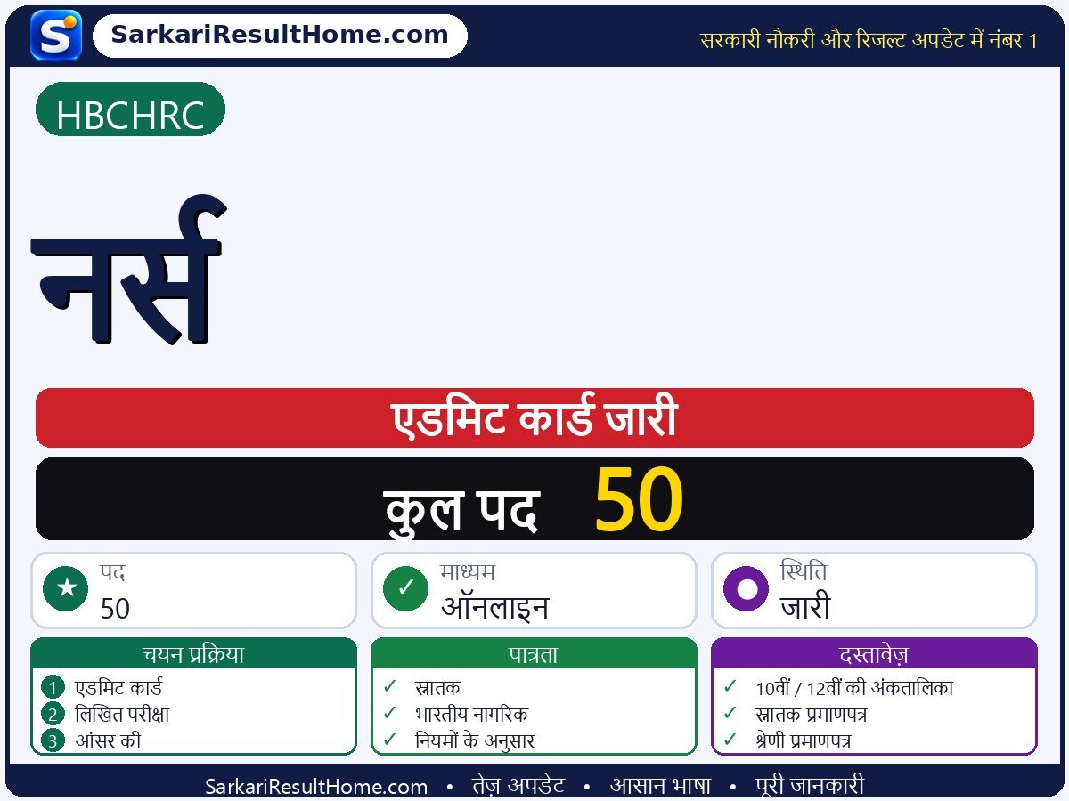 HBCHRC एडमिट कार्ड 2026: Nurse परीक्षा का एडमिट कार्ड डाउनलोड करें - मुख्य जानकारी एक नज़र में