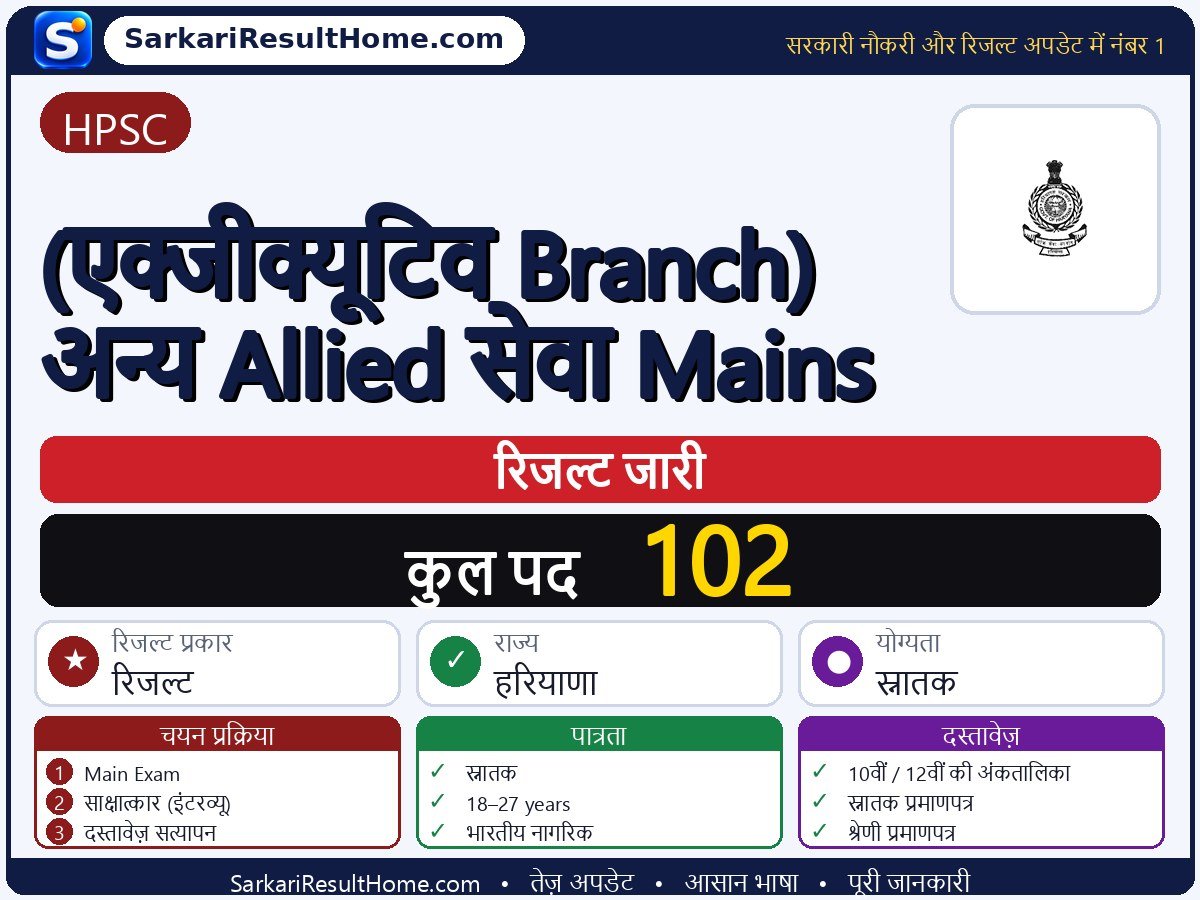 HPSC रिजल्ट 2026: (Executive Branch) Other Allied Services Mains का रिजल्ट जारी - मुख्य जानकारी एक नज़र में