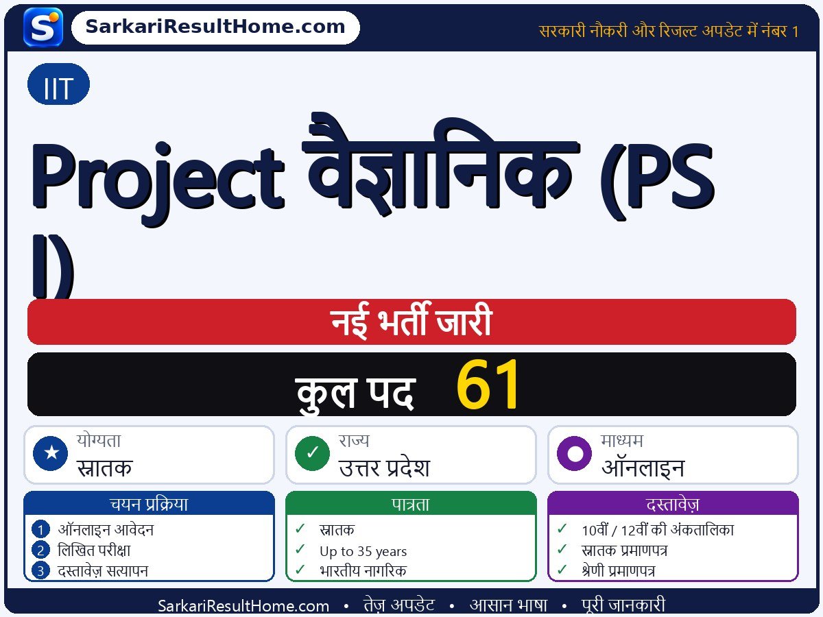 IIT भर्ती 2026: Project Scientist (PS-I) के 61 पदों के लिए आवेदन करें - मुख्य जानकारी एक नज़र में