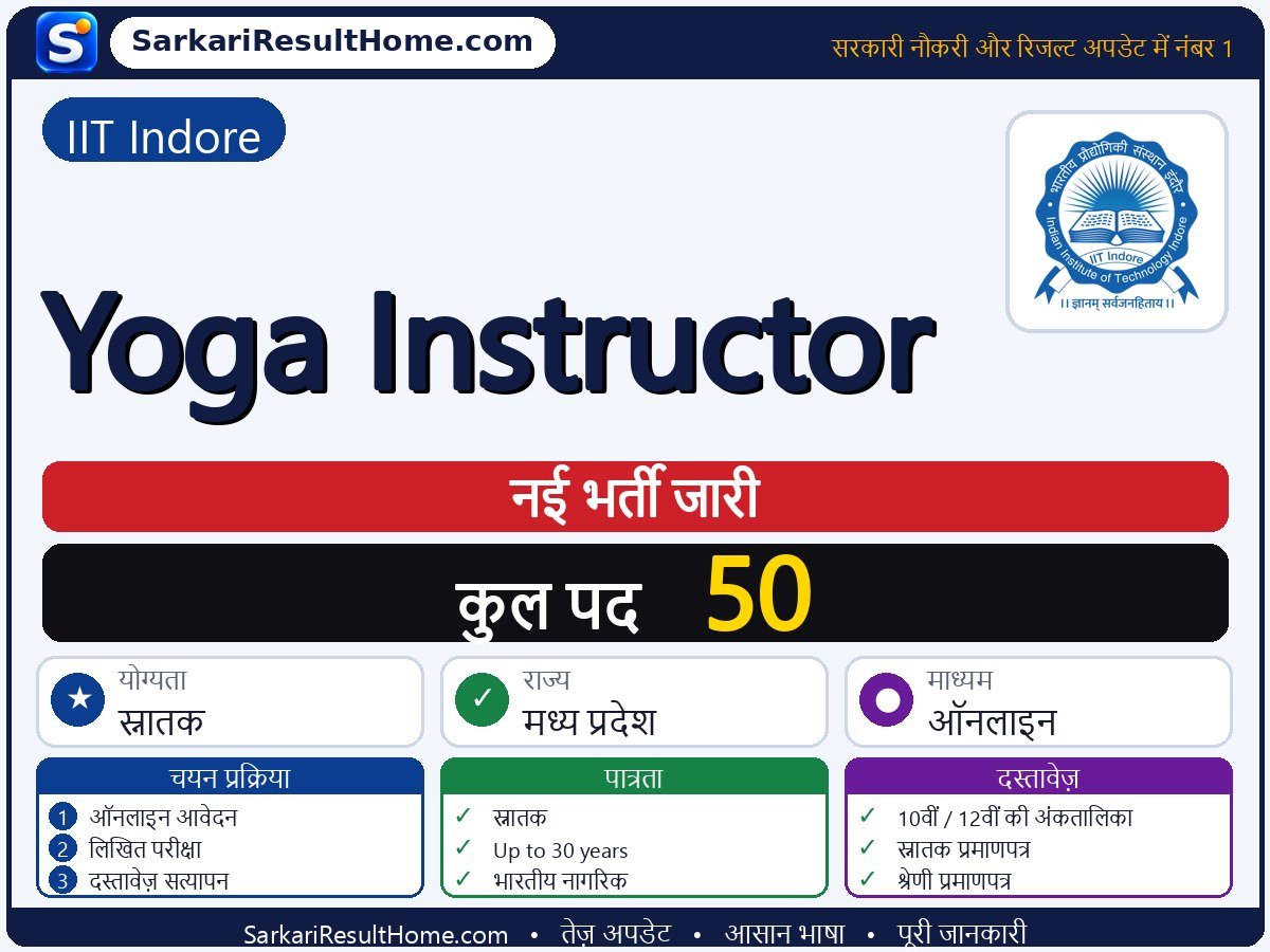 IIT Indore भर्ती 2026: Yoga Instructor के 50 पदों के लिए आवेदन करें - मुख्य जानकारी एक नज़र में