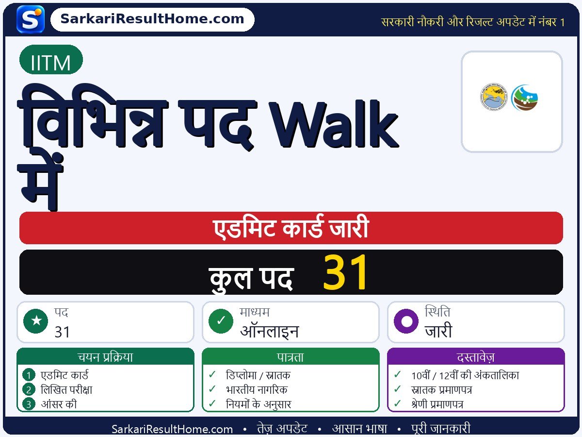 IITM एडमिट कार्ड 2026: Various Posts Walk-in परीक्षा का एडमिट कार्ड डाउनलोड करें - मुख्य जानकारी एक नज़र में