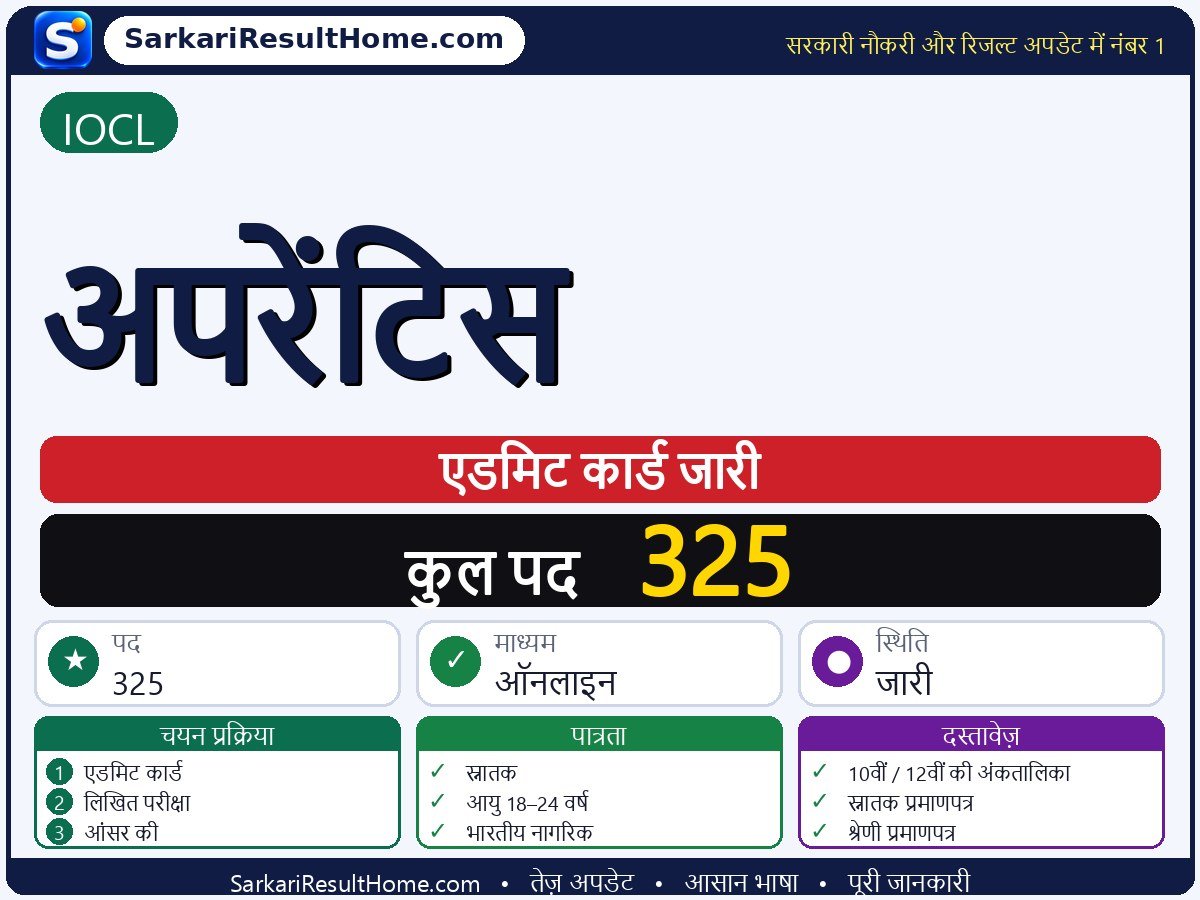 IOCL एडमिट कार्ड 2026: Apprentice परीक्षा का एडमिट कार्ड डाउनलोड करें - मुख्य जानकारी एक नज़र में