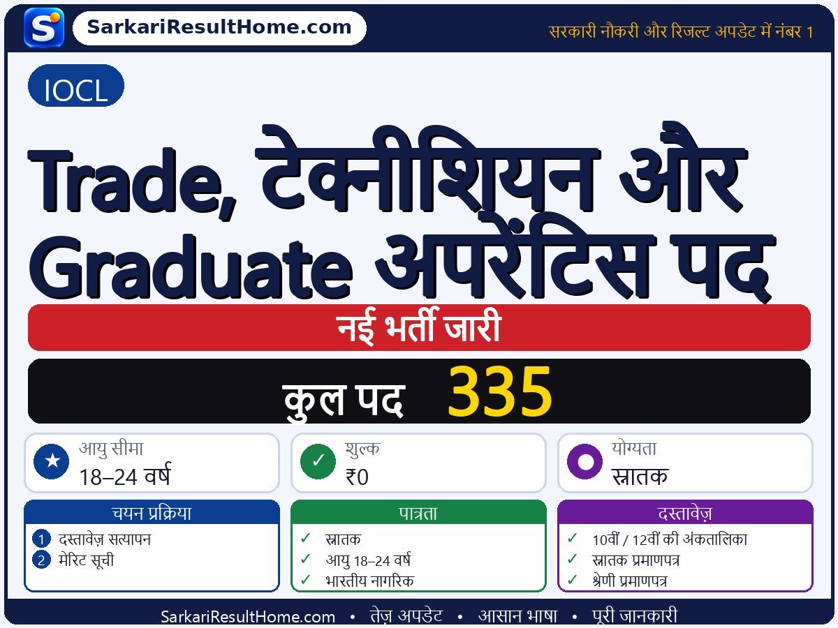IOCL भर्ती 2026: Trade, Technician and Graduate Apprentice Posts के 335 पदों के लिए आवेदन करें - मुख्य जानकारी एक नज़र में