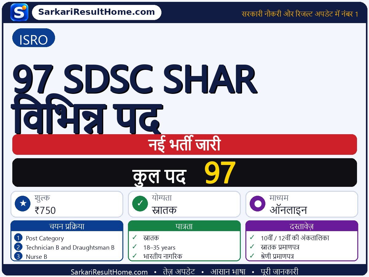 ISRO भर्ती 2026: 97 SDSC SHAR Various Post के 97 पदों के लिए आवेदन करें - मुख्य जानकारी एक नज़र में