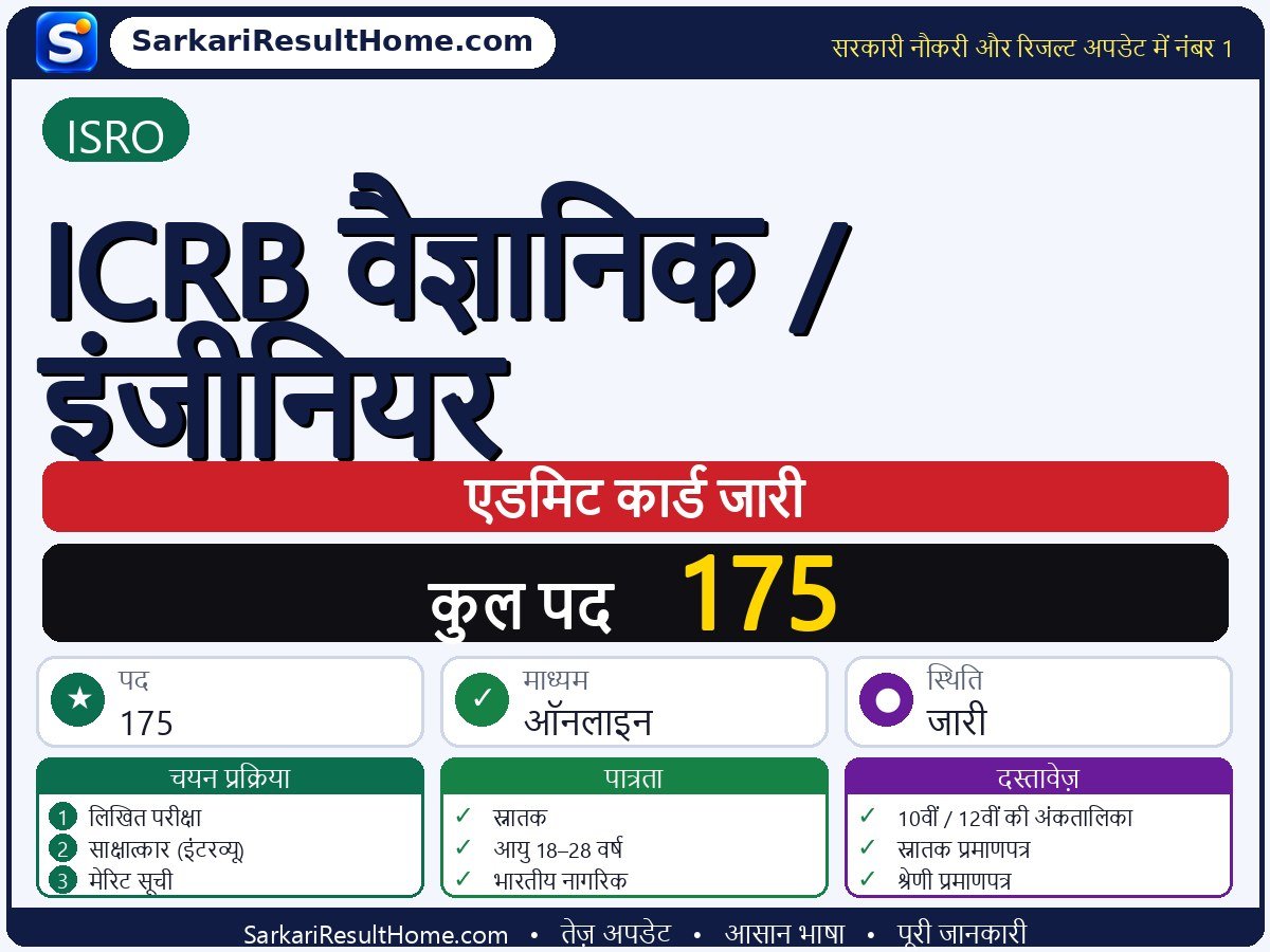 ISRO एडमिट कार्ड 2026: ICRB Scientist / Engineer परीक्षा का एडमिट कार्ड डाउनलोड करें - मुख्य जानकारी एक नज़र में
