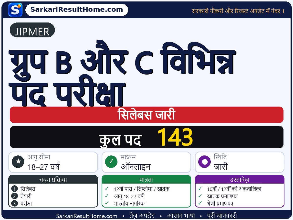 JIPMER सिलेबस 2026: Group B and C Various Post Exam का सिलेबस और परीक्षा पैटर्न - मुख्य जानकारी एक नज़र में