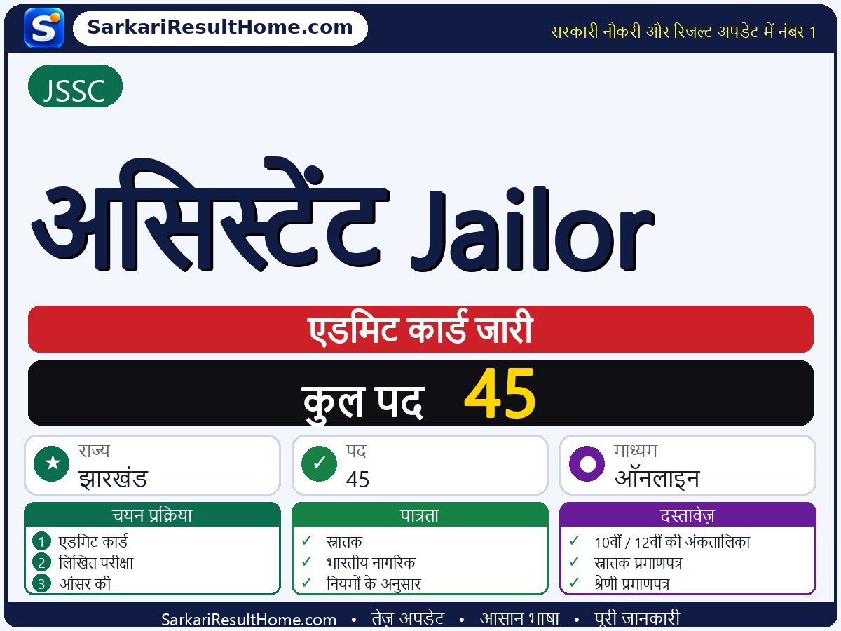 JSSC एडमिट कार्ड 2026: Assistant Jailor परीक्षा का एडमिट कार्ड डाउनलोड करें - मुख्य जानकारी एक नज़र में