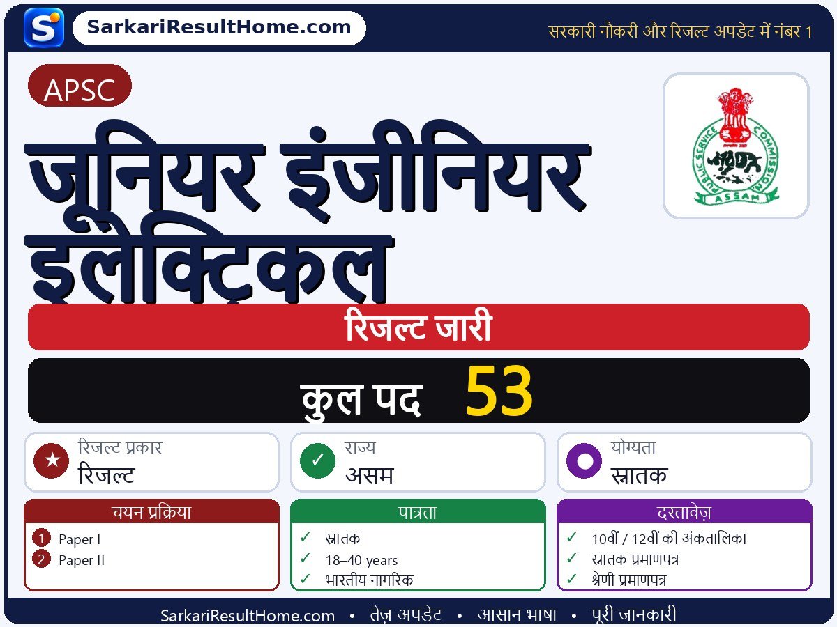 APSC रिजल्ट 2026: Junior Engineer Electrical का रिजल्ट जारी - मुख्य जानकारी एक नज़र में
