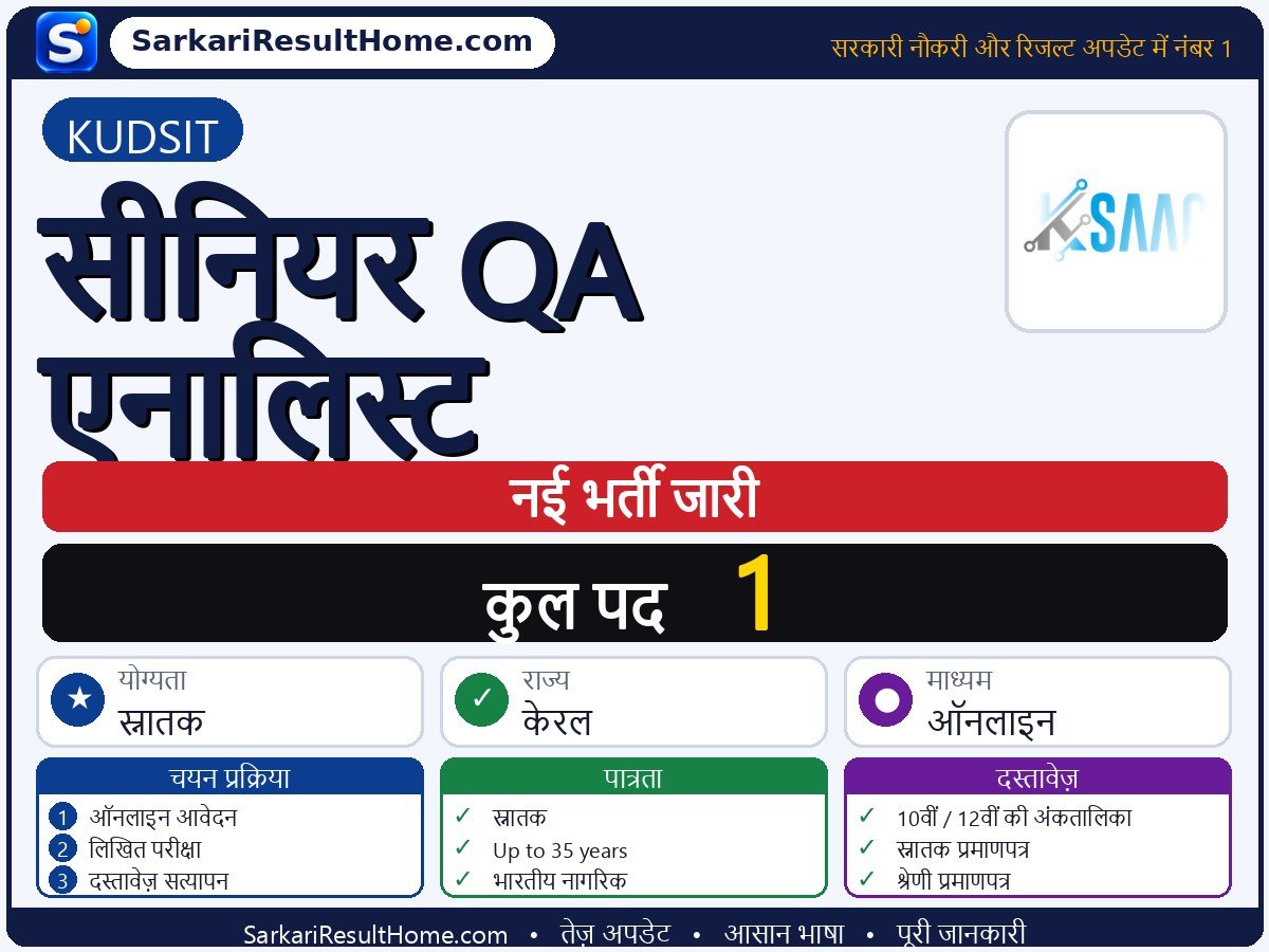 KUDSIT भर्ती 2026: Senior QA Analyst के 1 पद के लिए आवेदन करें - मुख्य जानकारी एक नज़र में