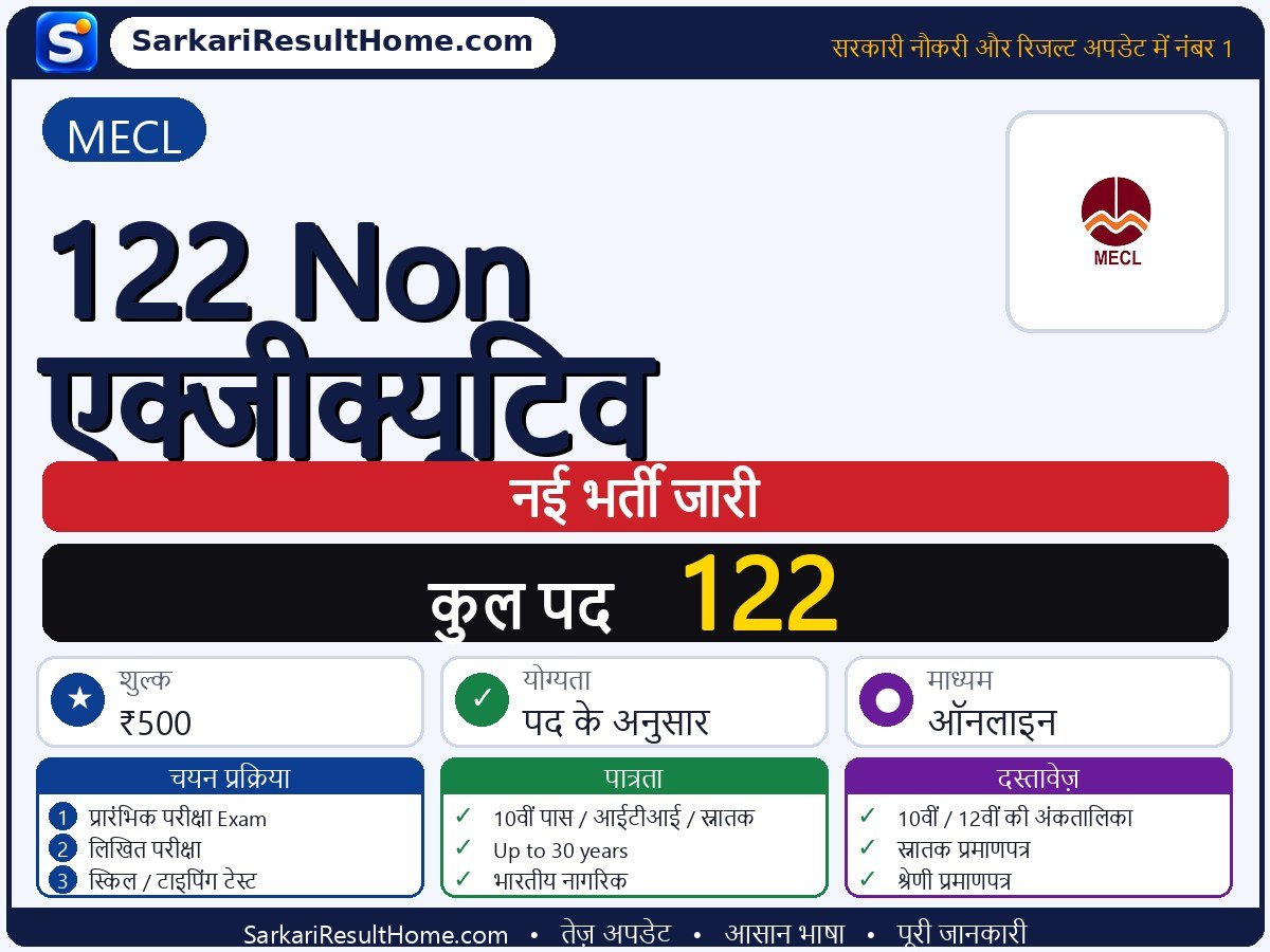 MECL भर्ती 2026: 122 Non-Executive के 122 पदों के लिए आवेदन करें - मुख्य जानकारी एक नज़र में