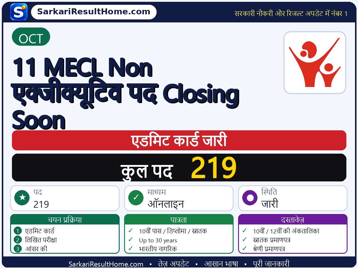 OCT एडमिट कार्ड 2026: 11 MECL Non Executive Posts Closing Soon परीक्षा का एडमिट कार्ड डाउनलोड करें - मुख्य जानकारी एक नज़र में