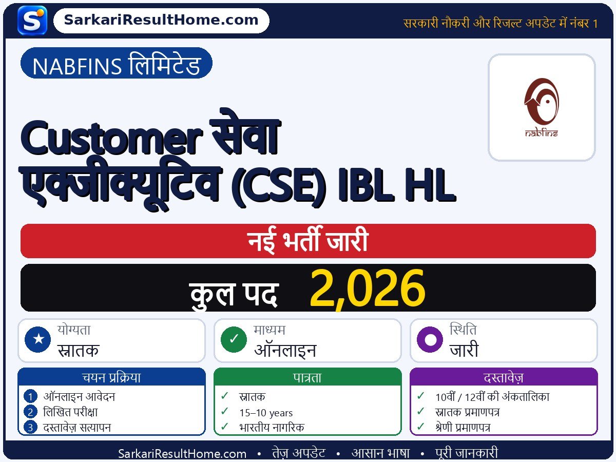 NABFINS Ltd भर्ती 2026: Customer Service Executive (CSE) IBL HL के 2,026 पदों के लिए आवेदन करें - मुख्य जानकारी एक नज़र में