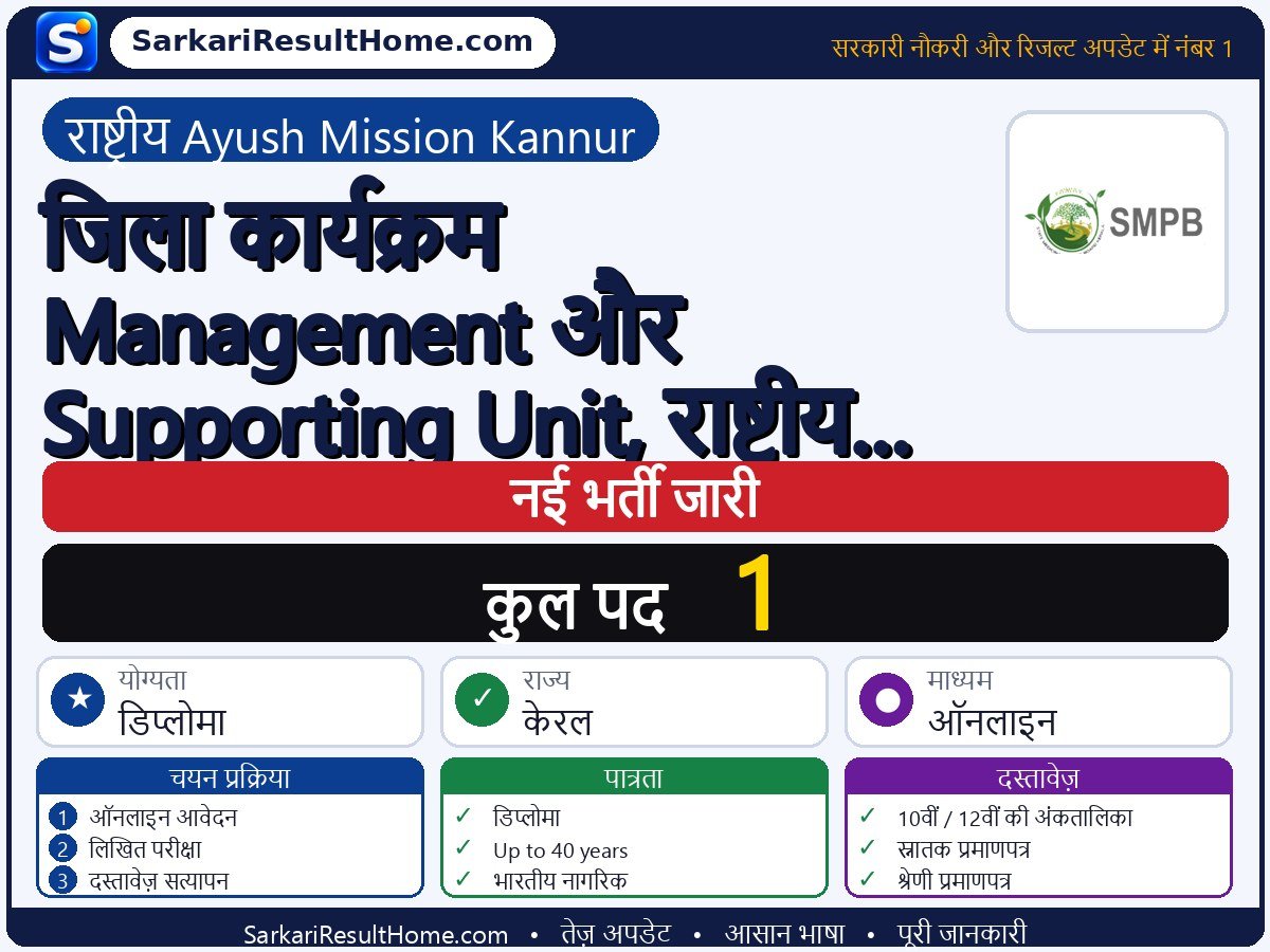 National Ayush Mission Kannur भर्ती 2026: District Programme Management & Supporting Unit, के 1 पद के लिए आवेदन करें - मुख्य जानकारी एक नज़र में