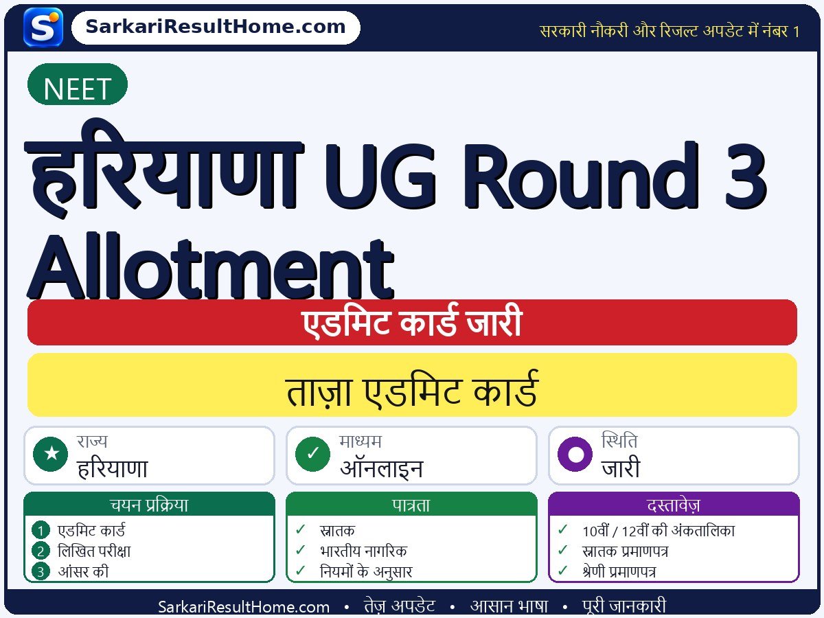 NEET एडमिट कार्ड 2026: Haryana UG Round 3 Allotment परीक्षा का एडमिट कार्ड डाउनलोड करें - मुख्य जानकारी एक नज़र में