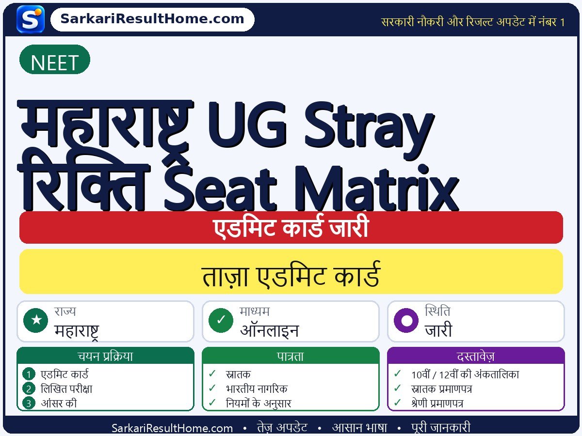 NEET एडमिट कार्ड 2026: Maharashtra UG Stray Vacancy Seat Matrix परीक्षा का एडमिट कार्ड डाउनलोड करें - मुख्य जानकारी एक नज़र में