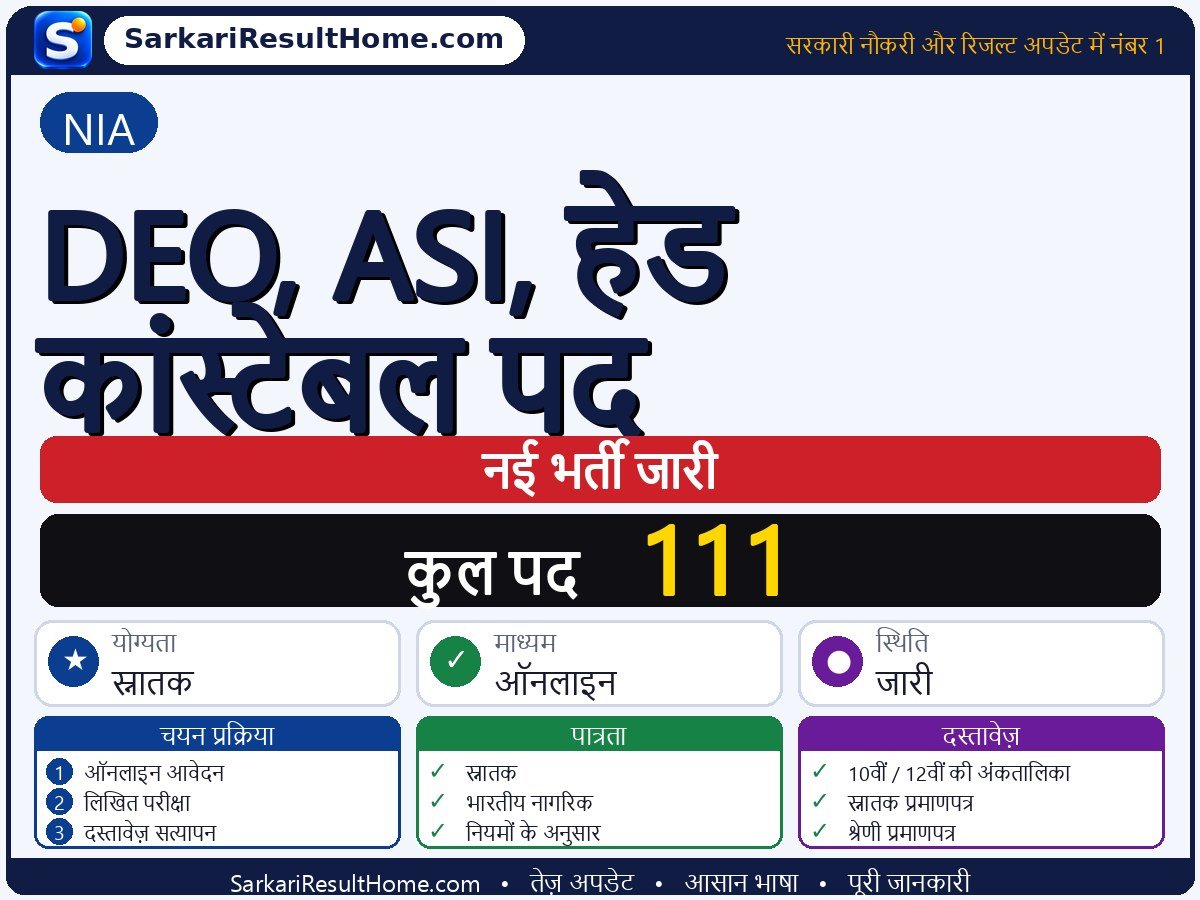 NIA भर्ती 2026: DEO, ASI, Head Constable Posts के 111 पदों के लिए आवेदन करें - मुख्य जानकारी एक नज़र में