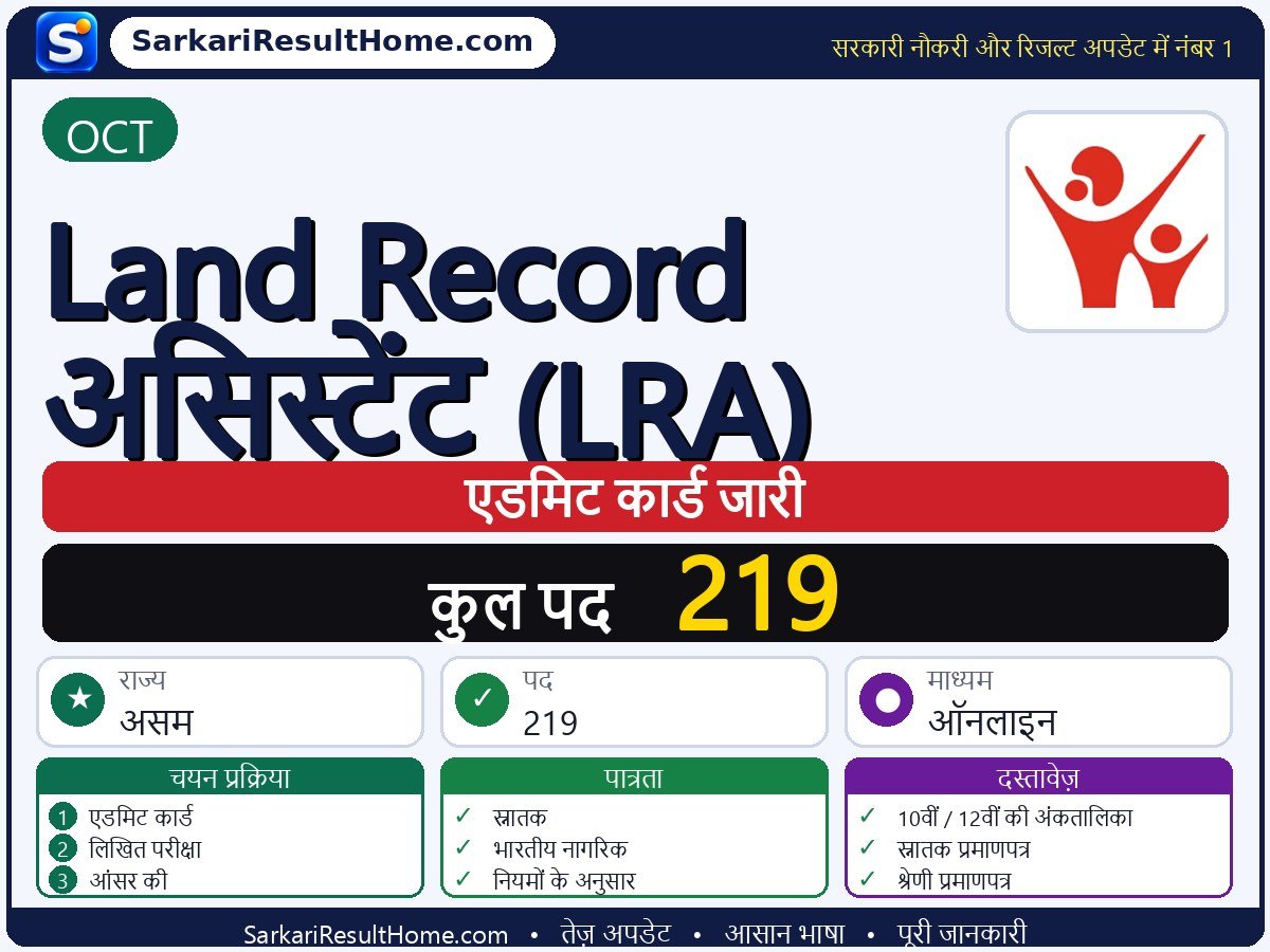 OCT एडमिट कार्ड 2026: Land Record Assistant (LRA) परीक्षा का एडमिट कार्ड डाउनलोड करें - मुख्य जानकारी एक नज़र में